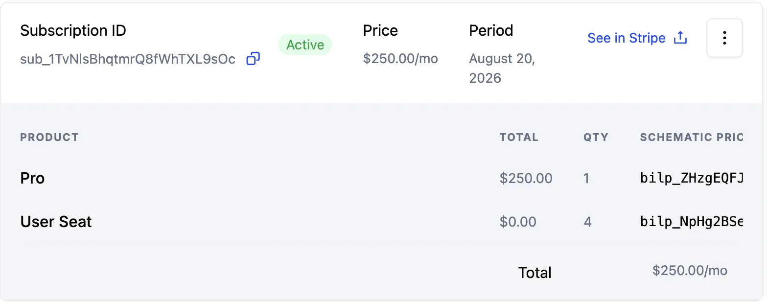 A company's subscription with its line items and totals