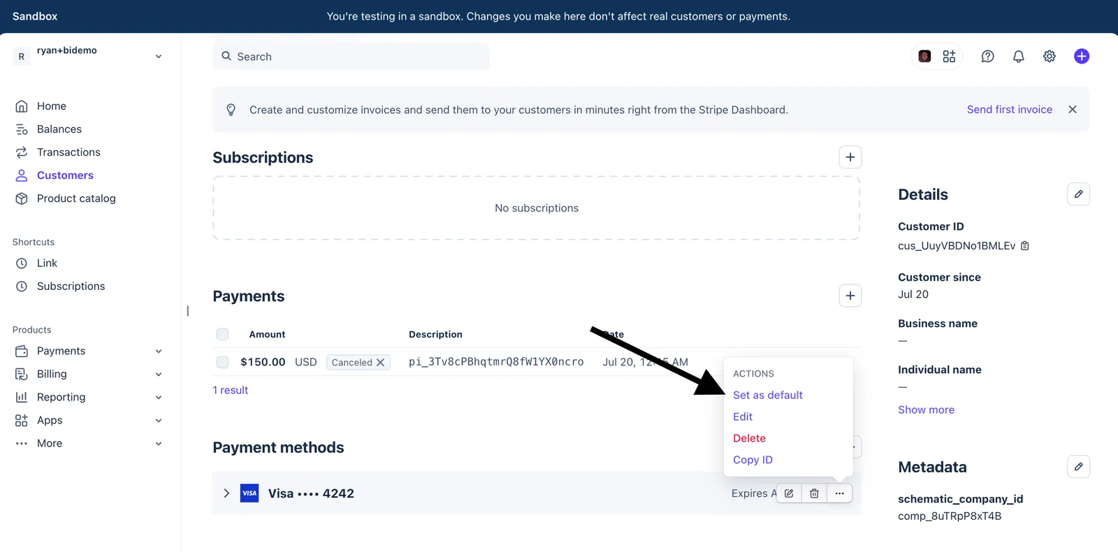 Set Default Payment Method in Stripe