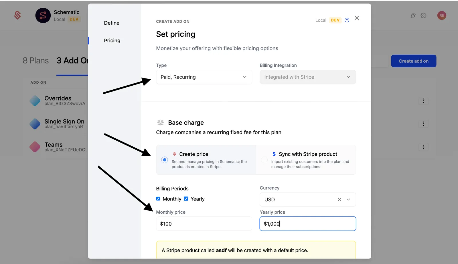 Stripe New Add-on and Prices