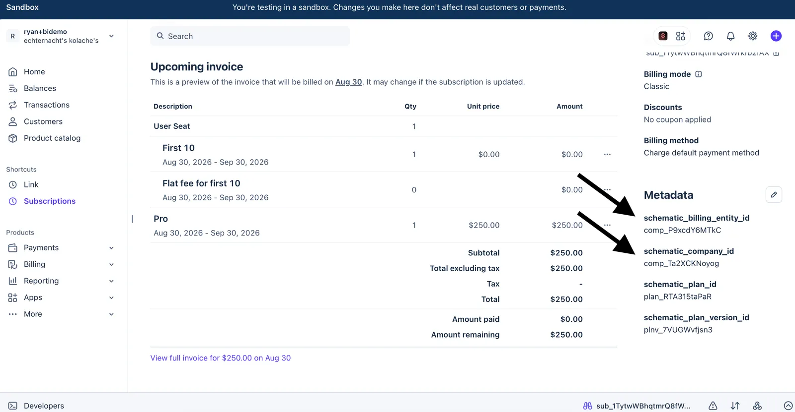 Schematic metadata on a Stripe subscription with a billing entity