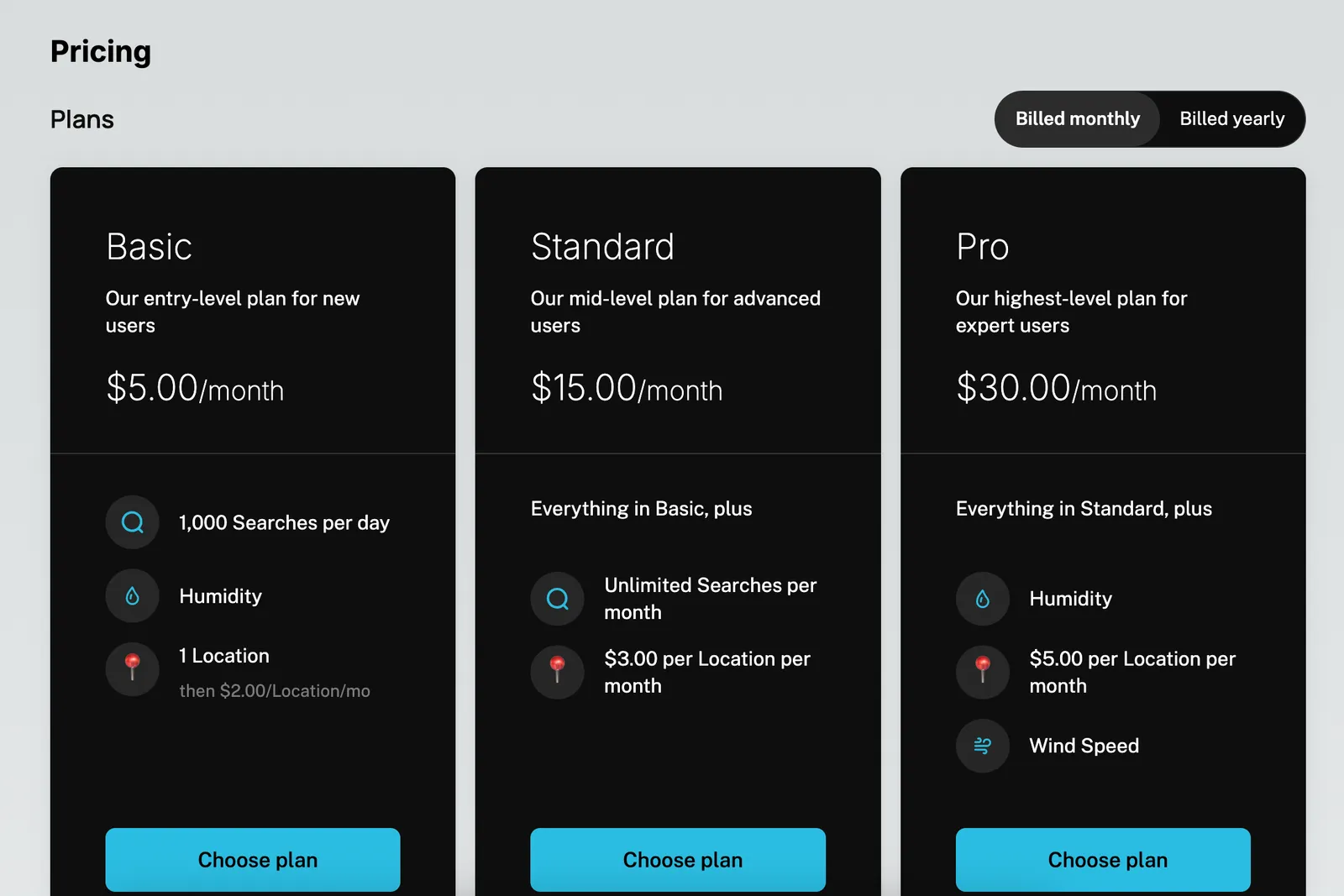 Standalone Pricing Table