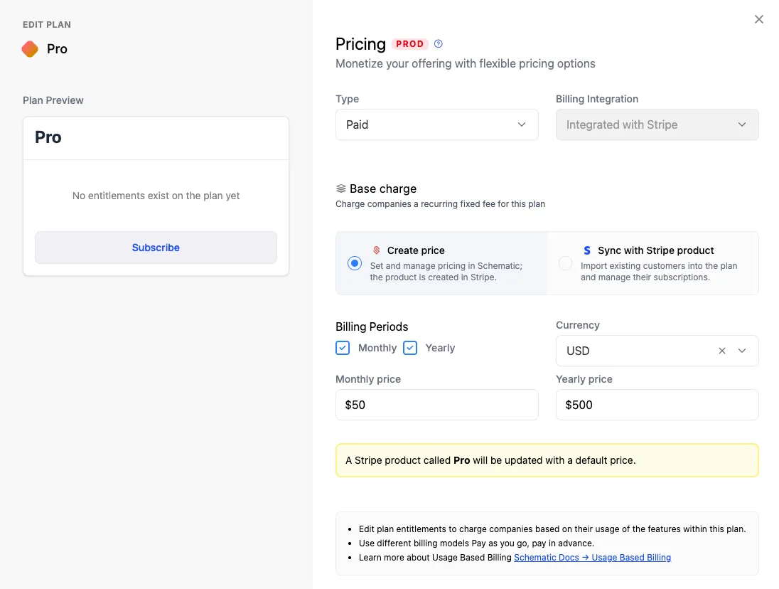 Schematic plans mapped to Stripe billing