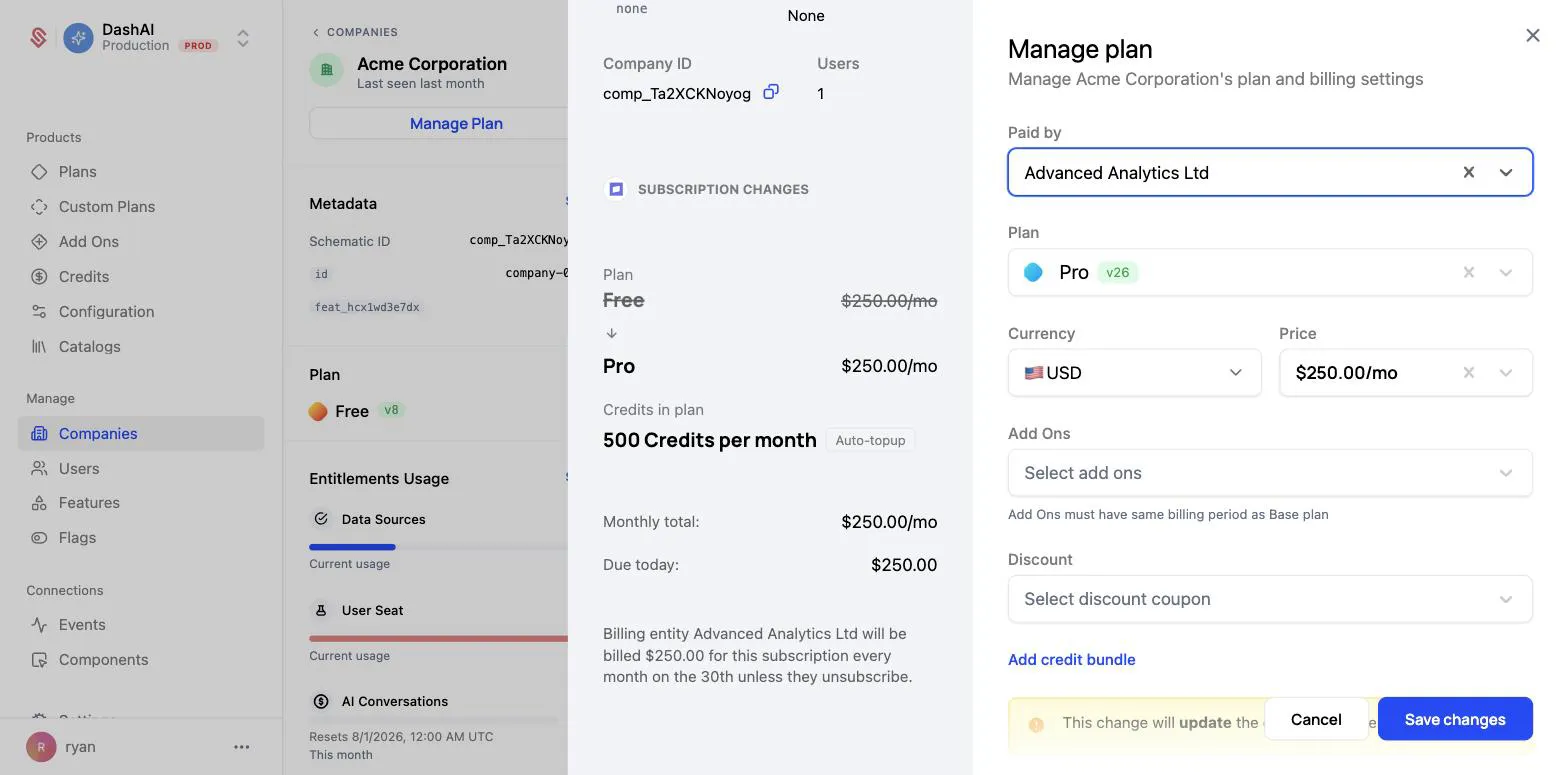 Preview showing the billing entity will be charged