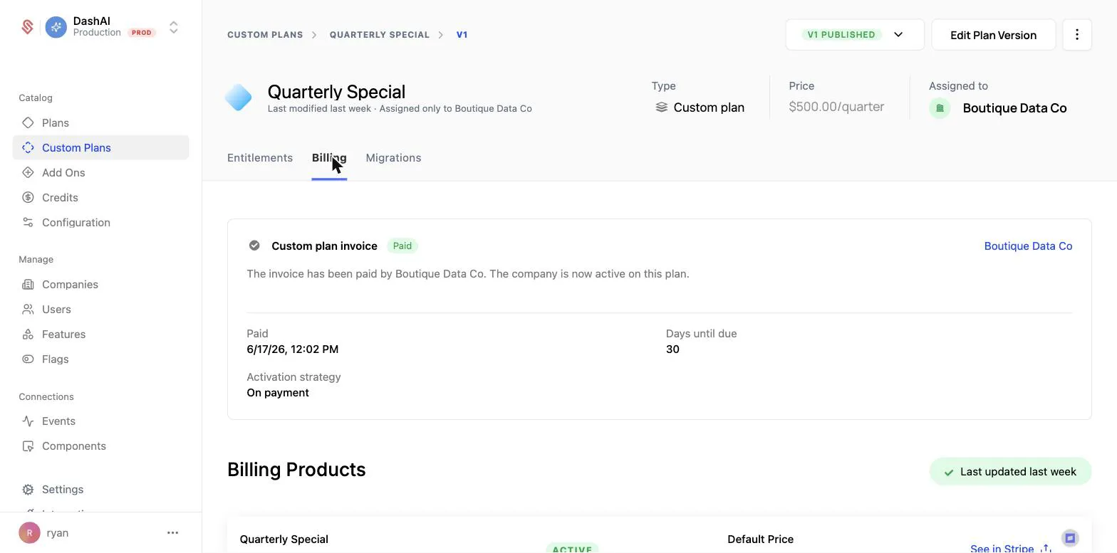 Custom plan invoice paid and active