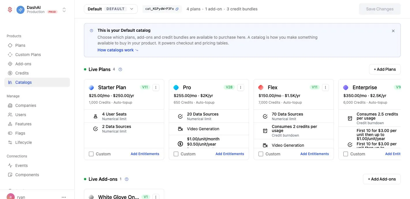 The Default catalog, showing its Live Plans and Live Add-ons
