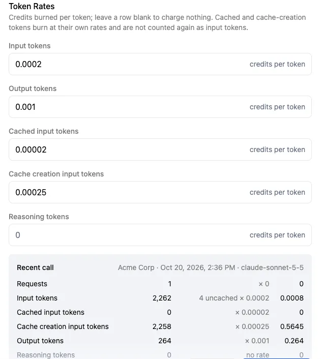 Token rates with a burn preview of a recent call